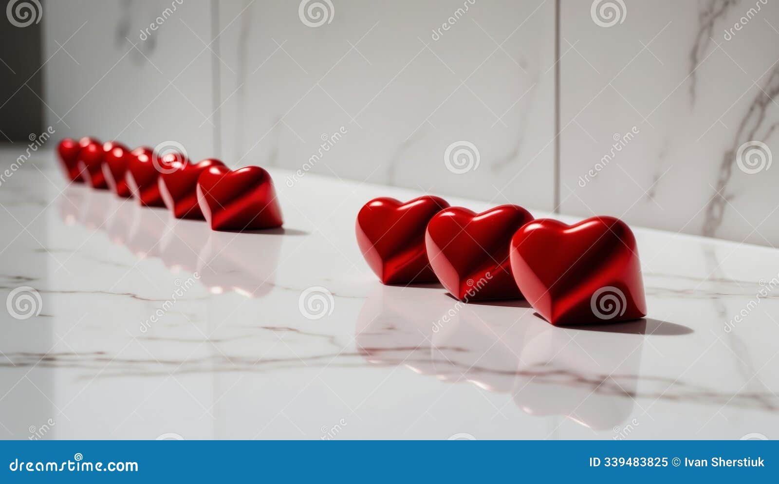 red heart d chocolates on marble background.