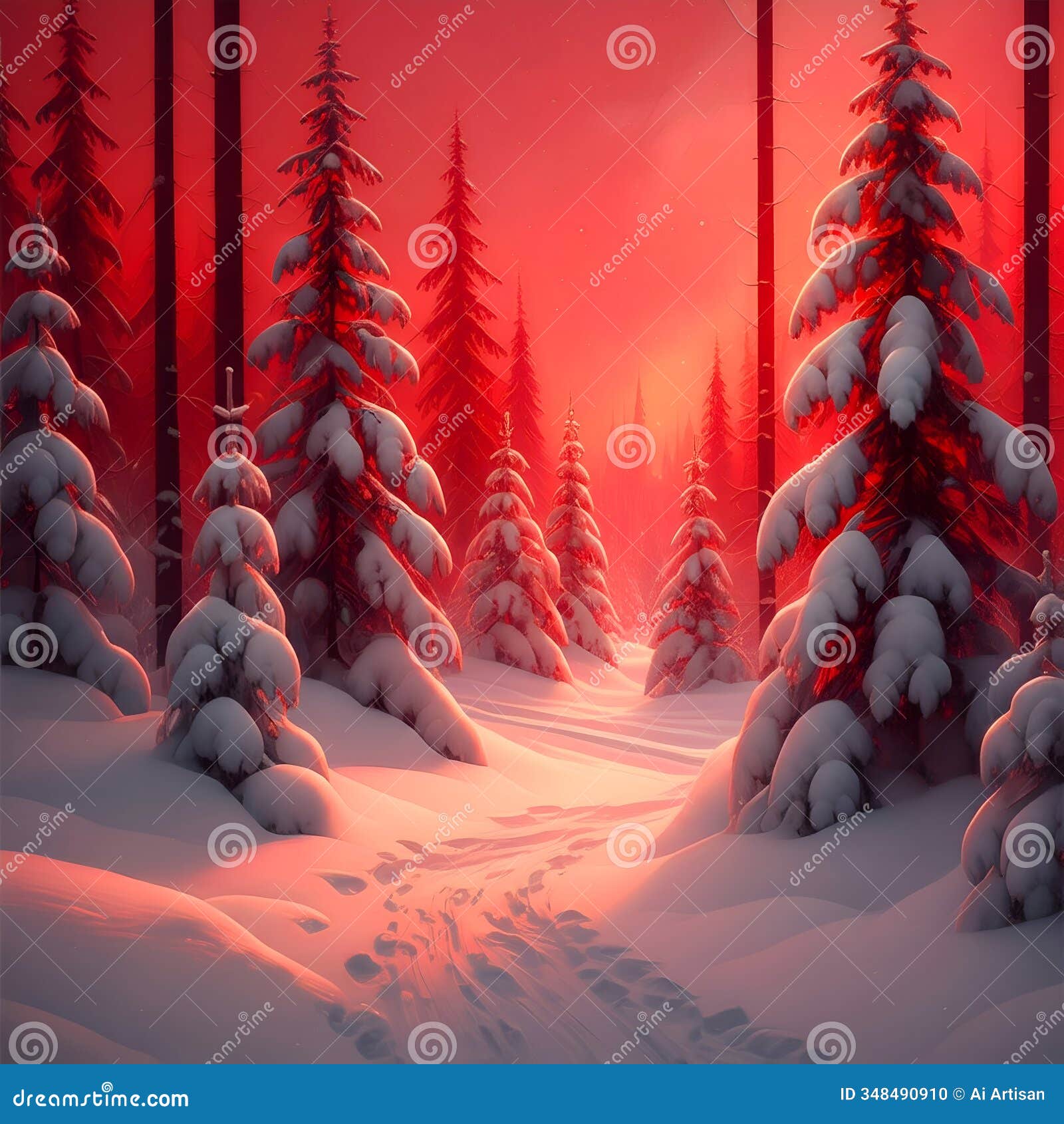 ai-generated red-toned snowy forest with footprints