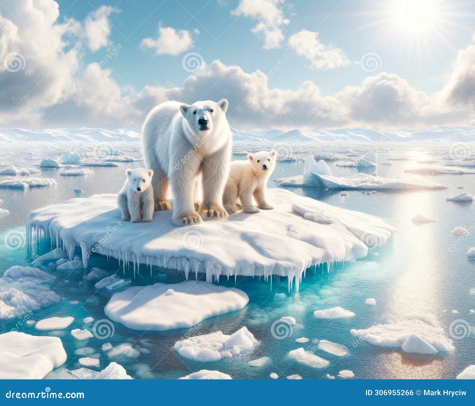 family polar bears north pole stranded global warming floating ice island melting climate change ai generated