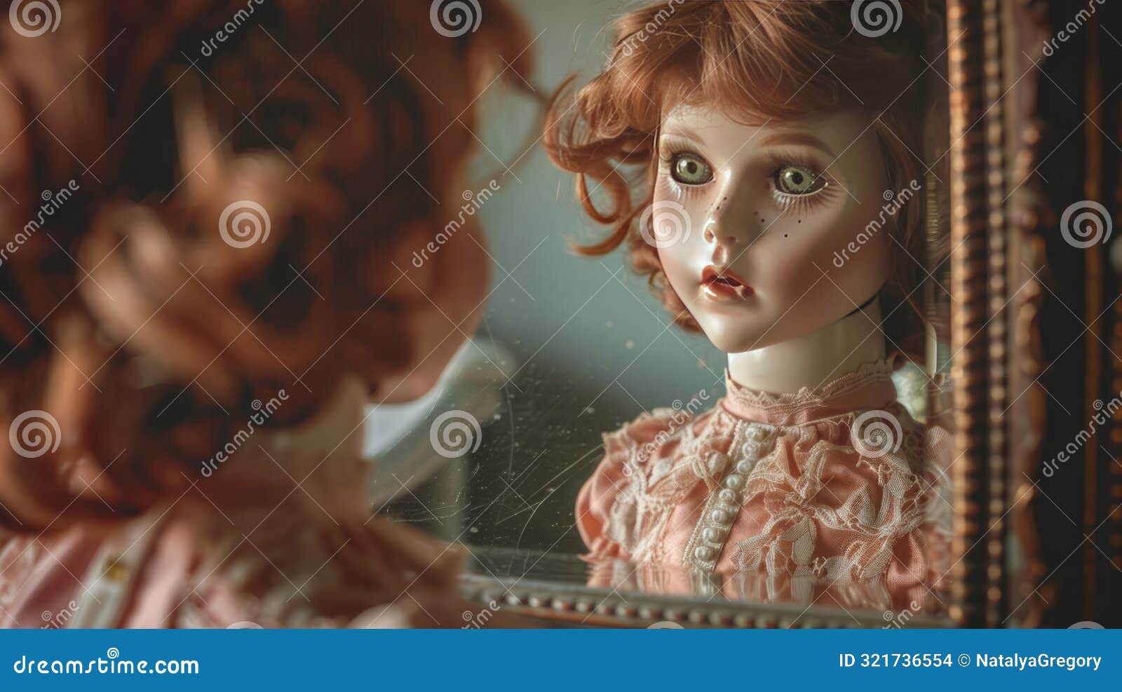 ai generated. a retro-style doll contemplates its reflection, thoughtfully exploring the depths of self-awareness