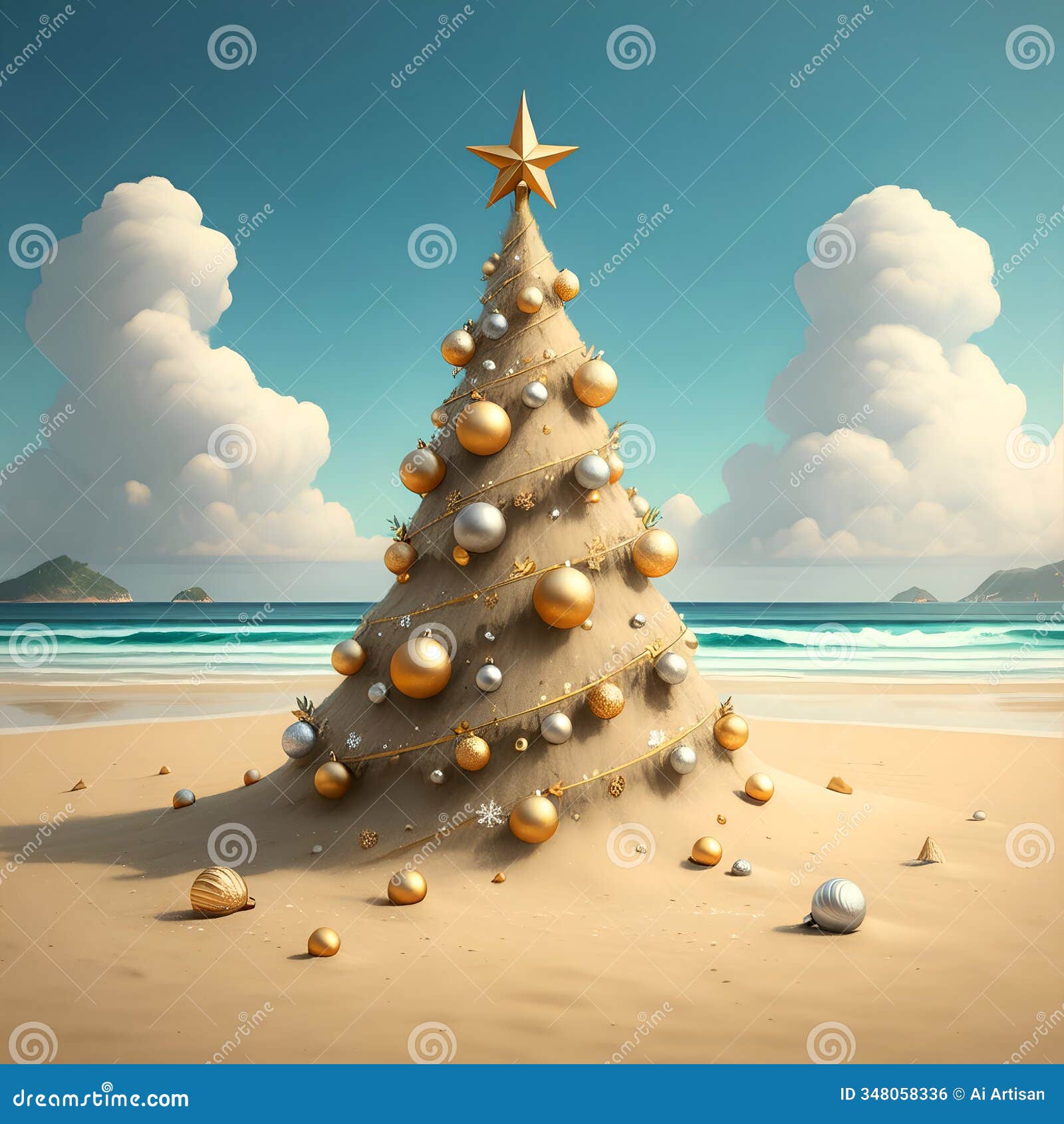 ai-generated sand christmas tree with gold & silver ornaments on a beach