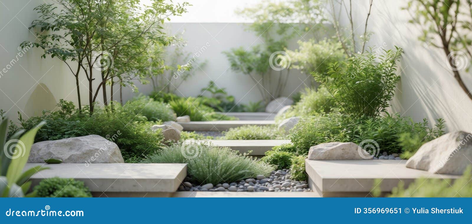 serene water efficient garden  with lush greenery and stones