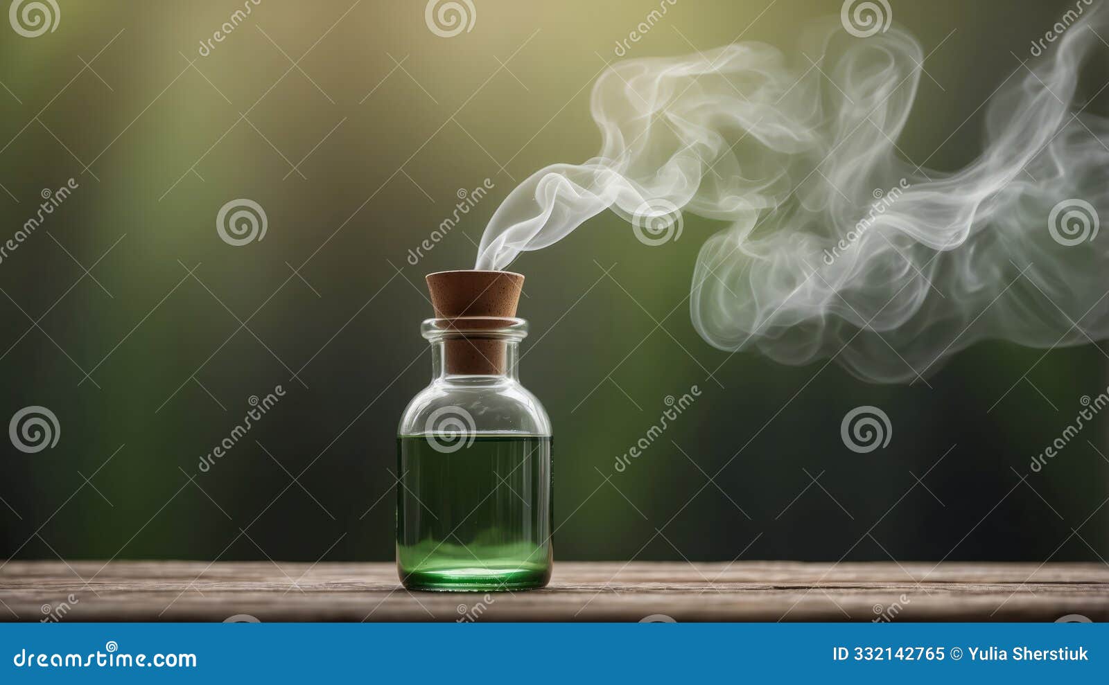 small glass bottle emitting smoke stands atop rustic wooden surface featuring green misty background.