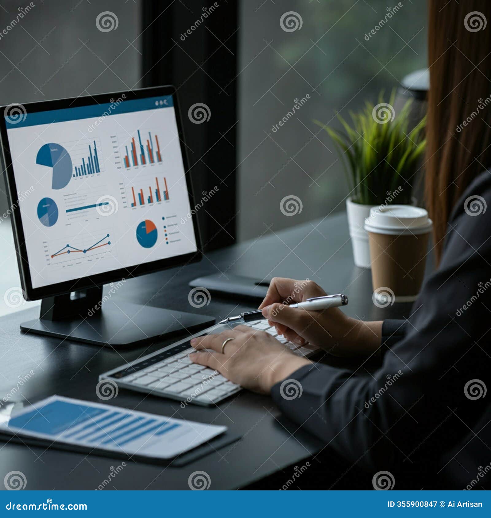 ai-generated office desk with laptop, computer monitor, keyboard, and supplies