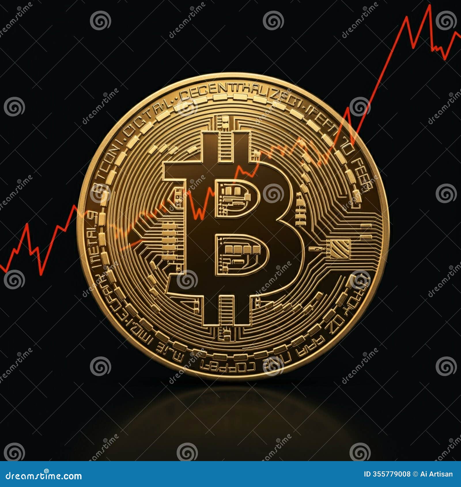 ai-generated image: bitcoin coin against a trading chart with unique engraving
