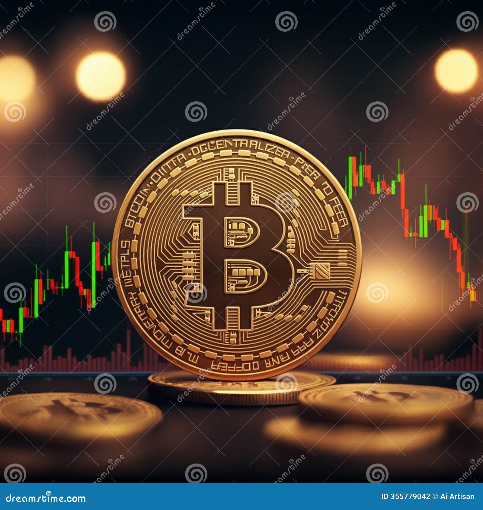 ai-generated image: bitcoin coin against a trading chart with unique engraving