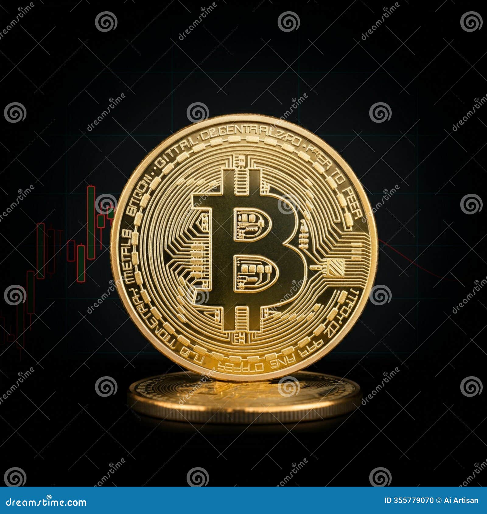 ai-generated image: bitcoin coin against a trading chart with unique engraving