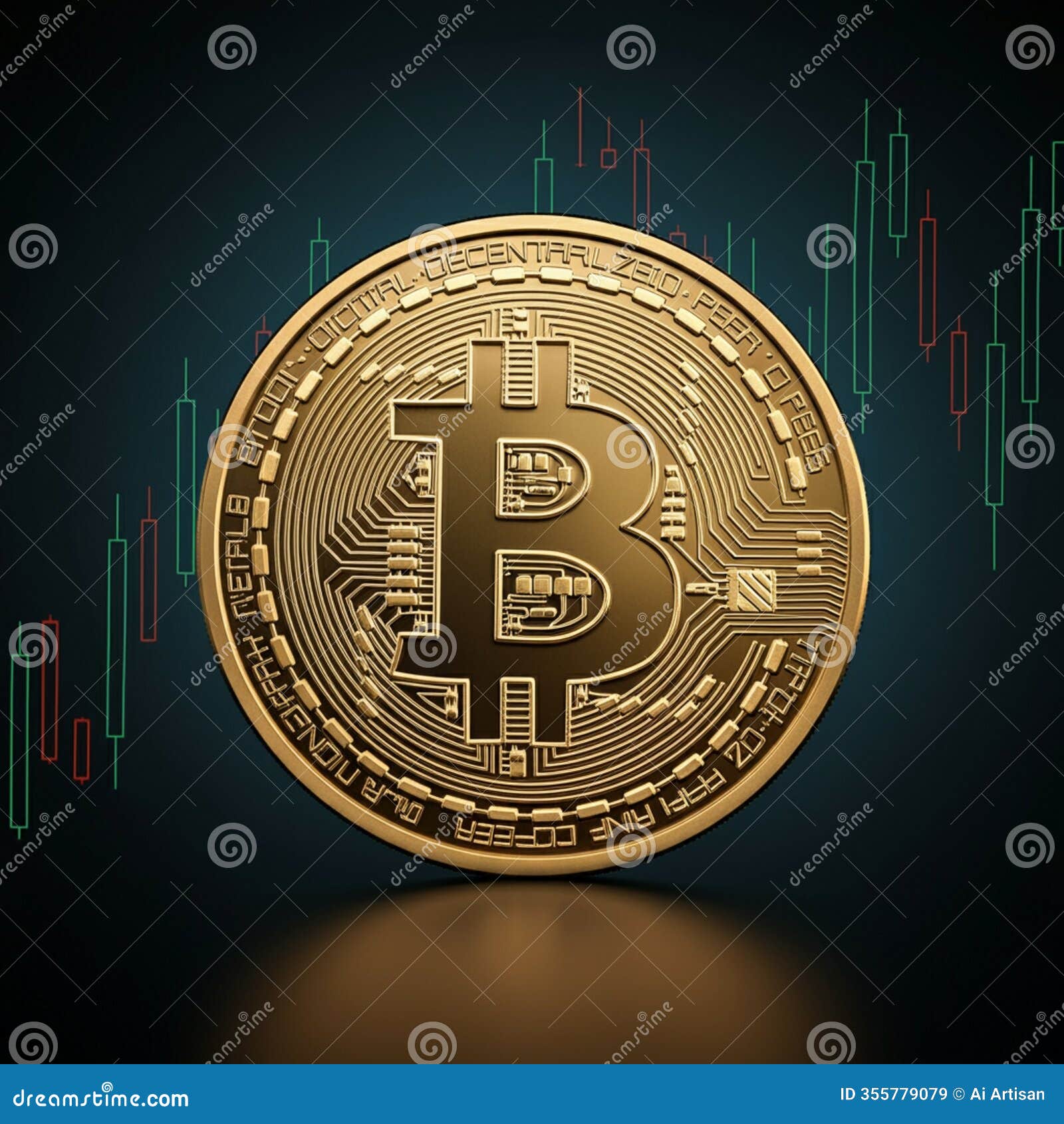 ai-generated image: bitcoin coin against a trading chart with unique engraving
