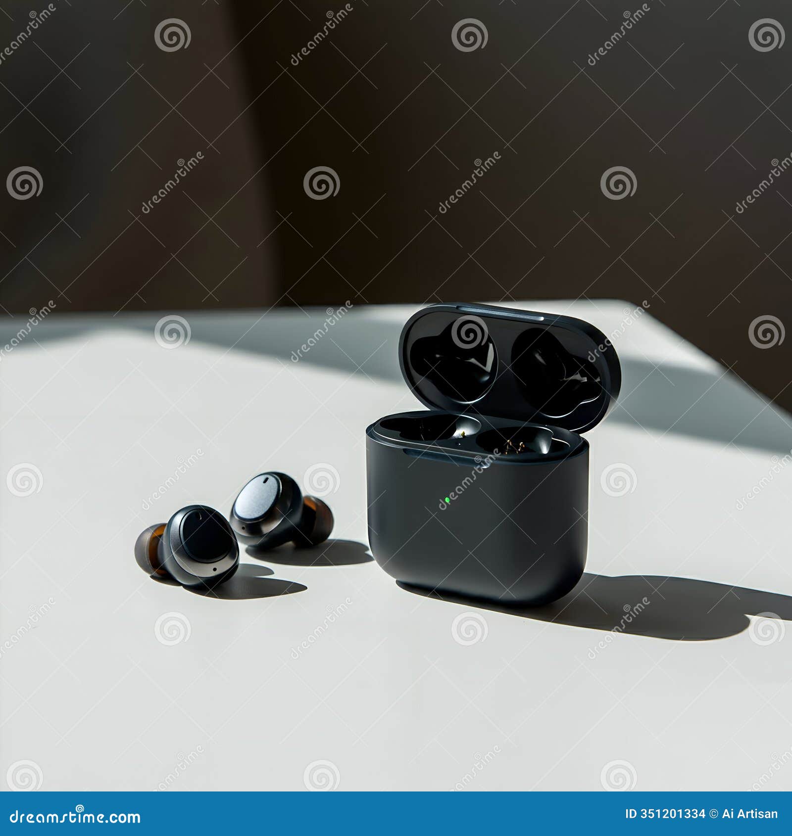 ai generated: two wireless earbuds and charging case on a white surface