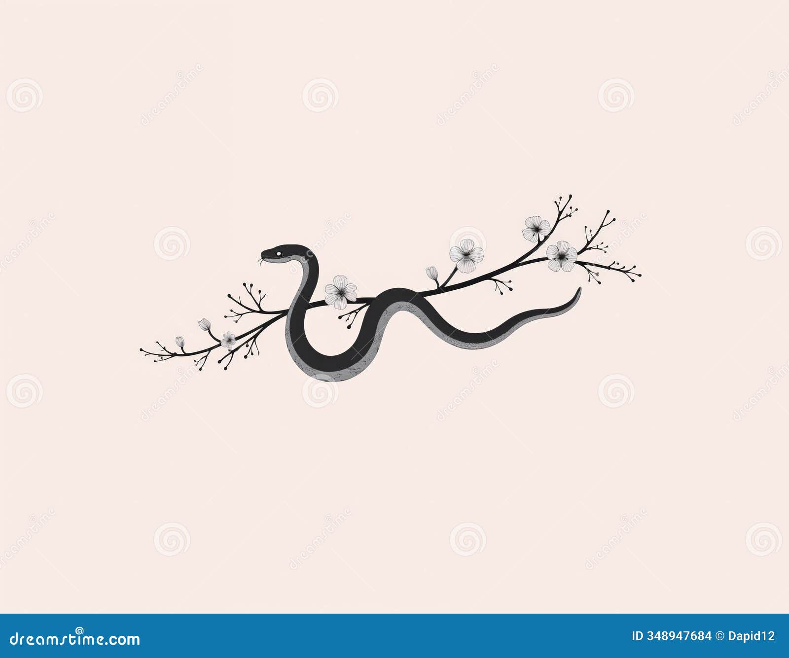  of a branch with a black snake winding on it on pale pink background