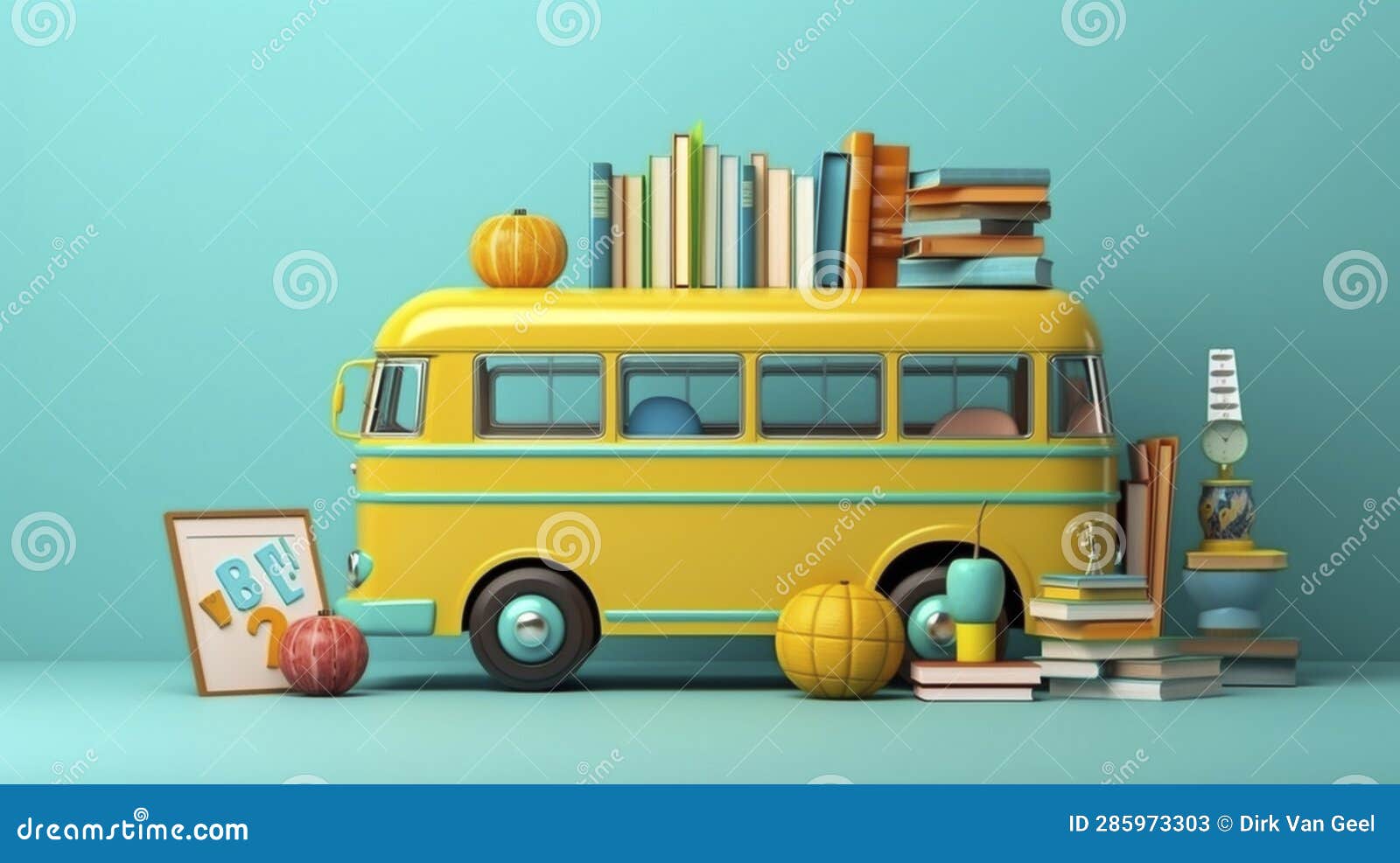 ai generated,  , americal yellow schoolbus with school accessories on a blue background.