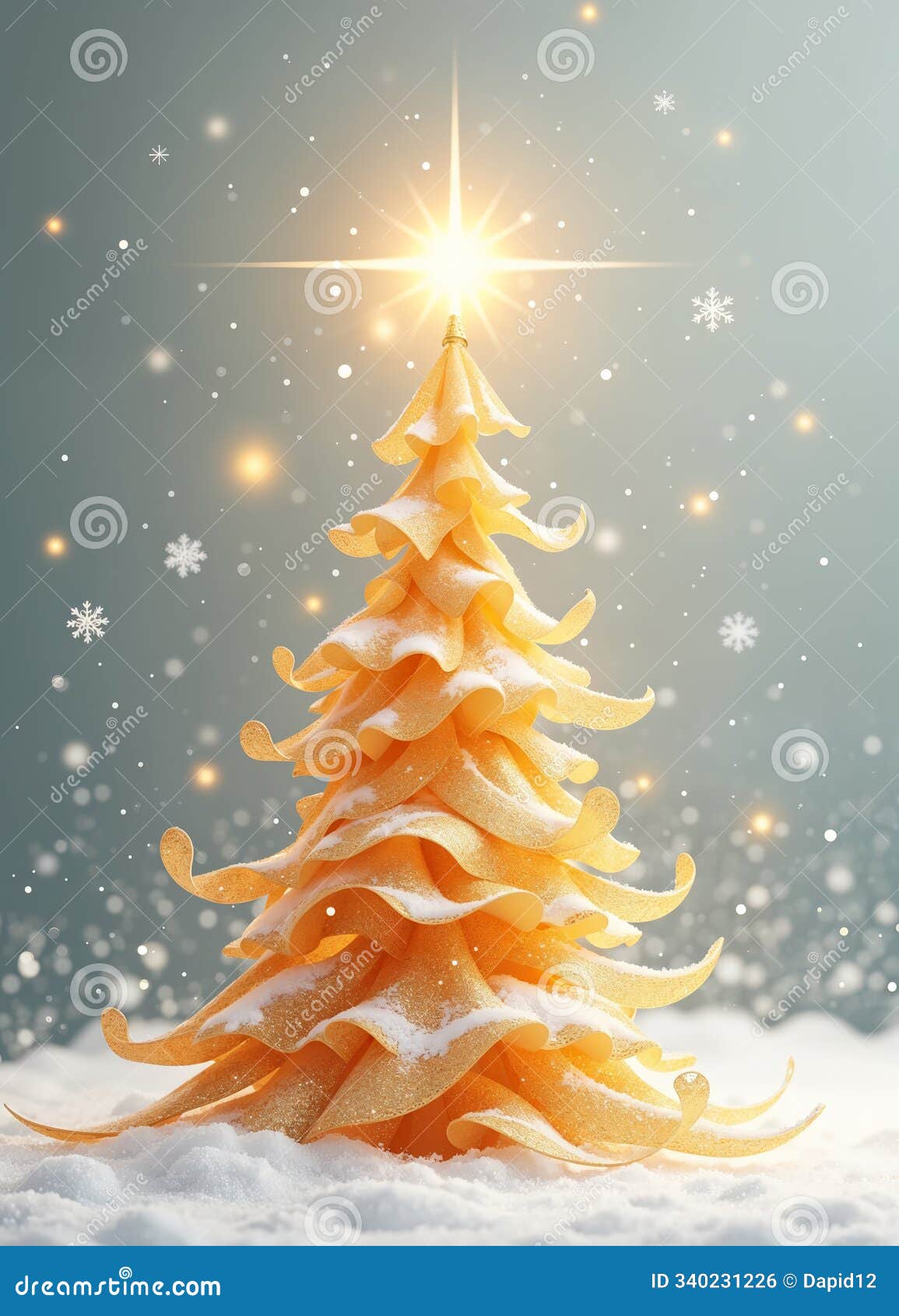  of a christmas tree made of golden swirls with a star on it and snowflakes