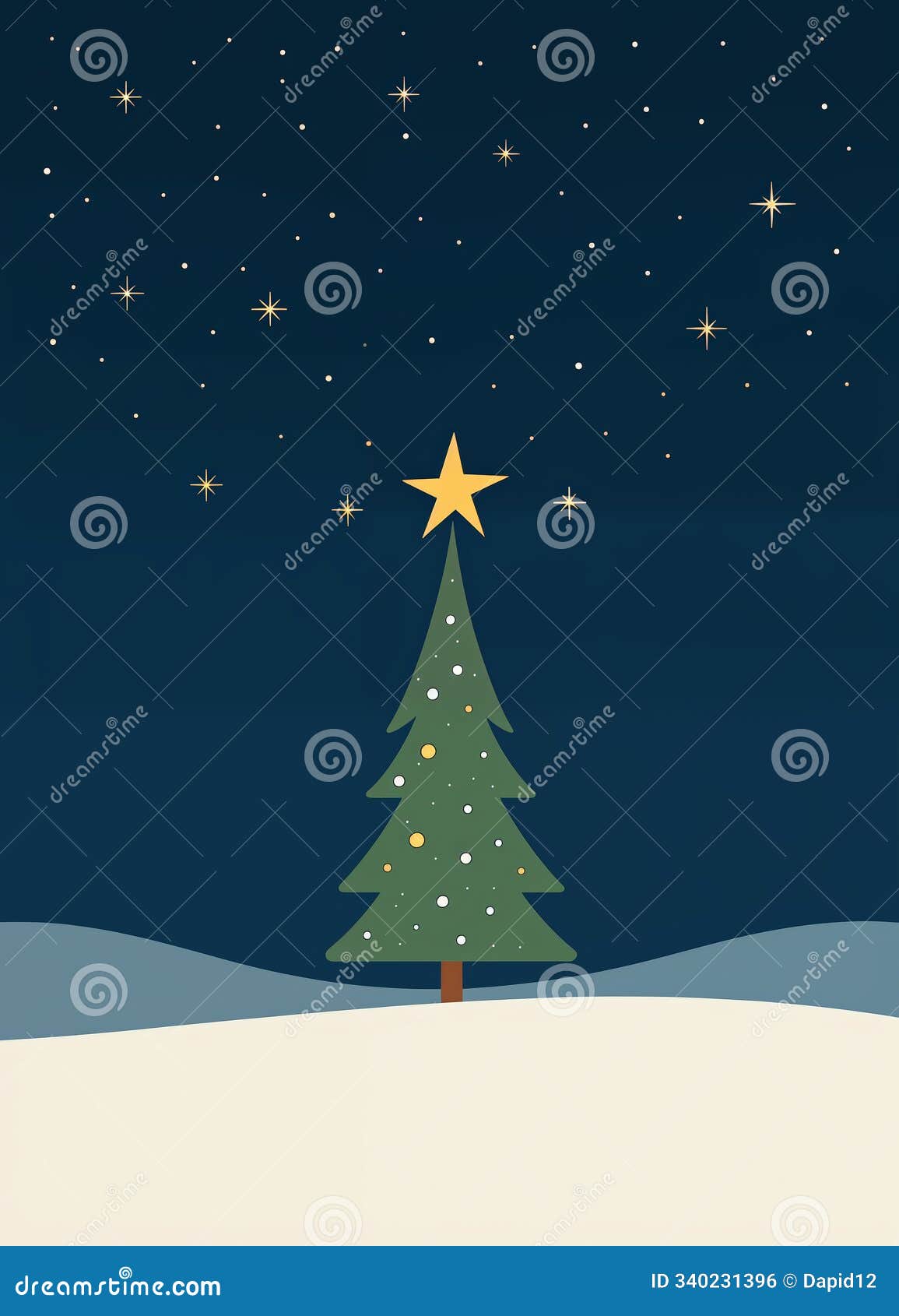  of a minimalist christmas tree with a star on topp in snow on starry night skies background