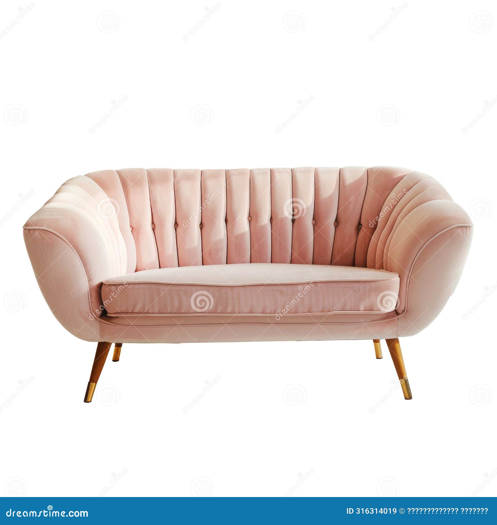 vintage velour soft pink sofa with wooden legs 70s style on the white background