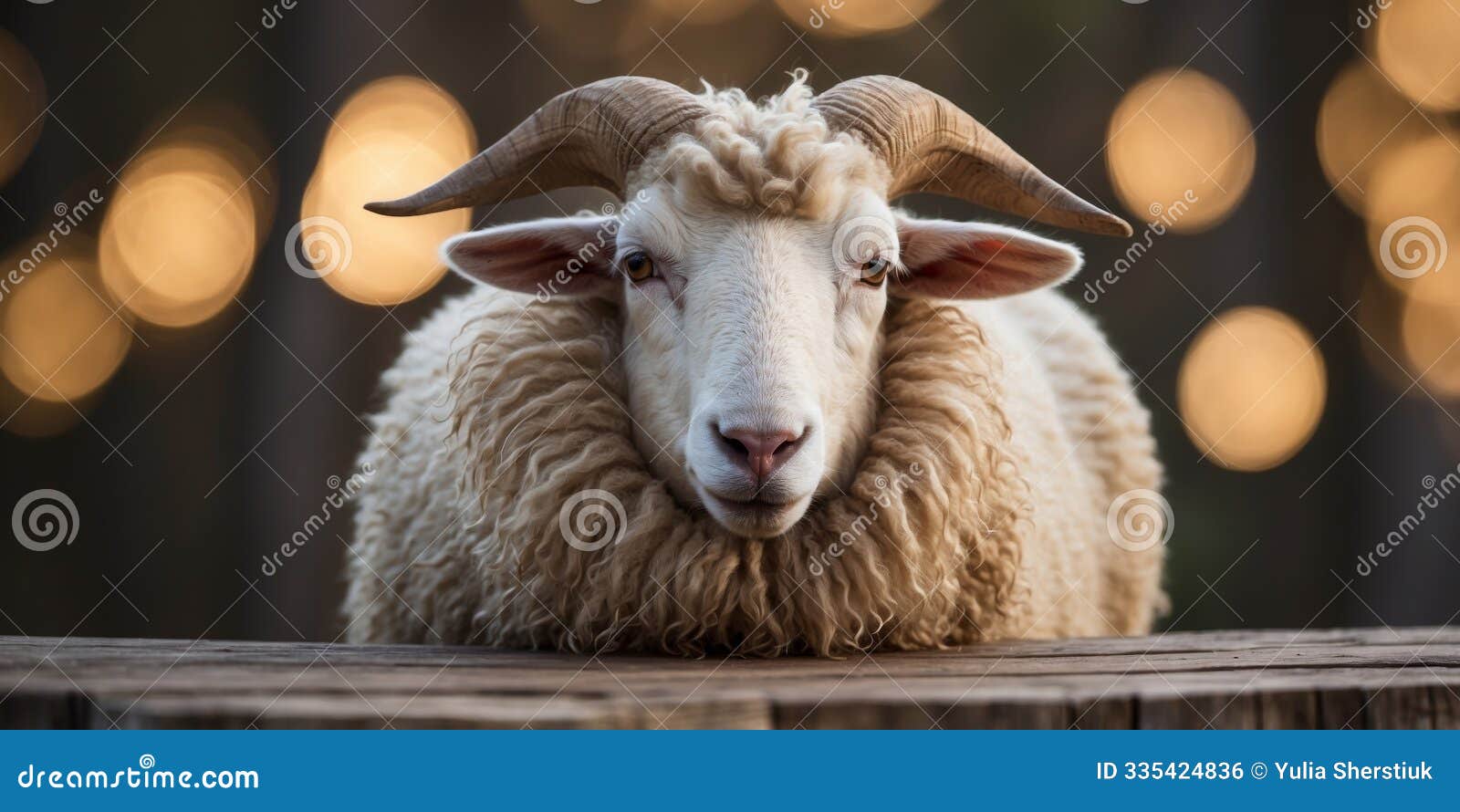 white sheep with large horns resting its forelegs on a wooden plank.