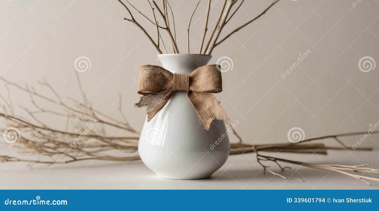 white vase with burlap bow and dried branches.