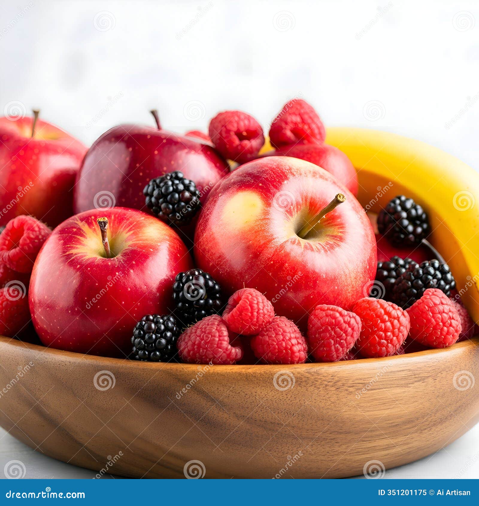 ai generated: wooden bowl with red apples, raspberries, blackberries, and a banana