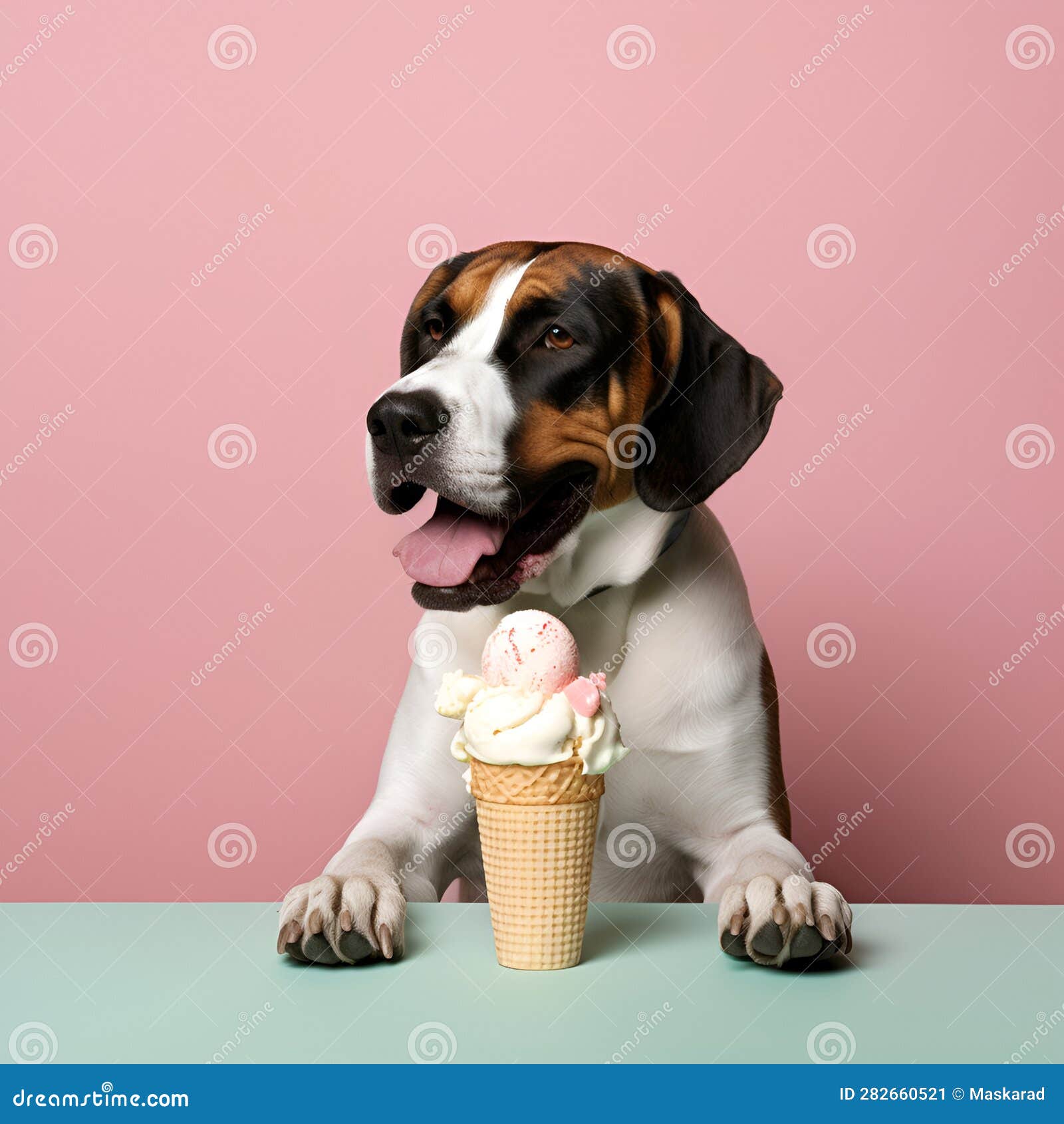 AI Generation, Illustration. the Dog Eats Ice Cream Stock Illustration