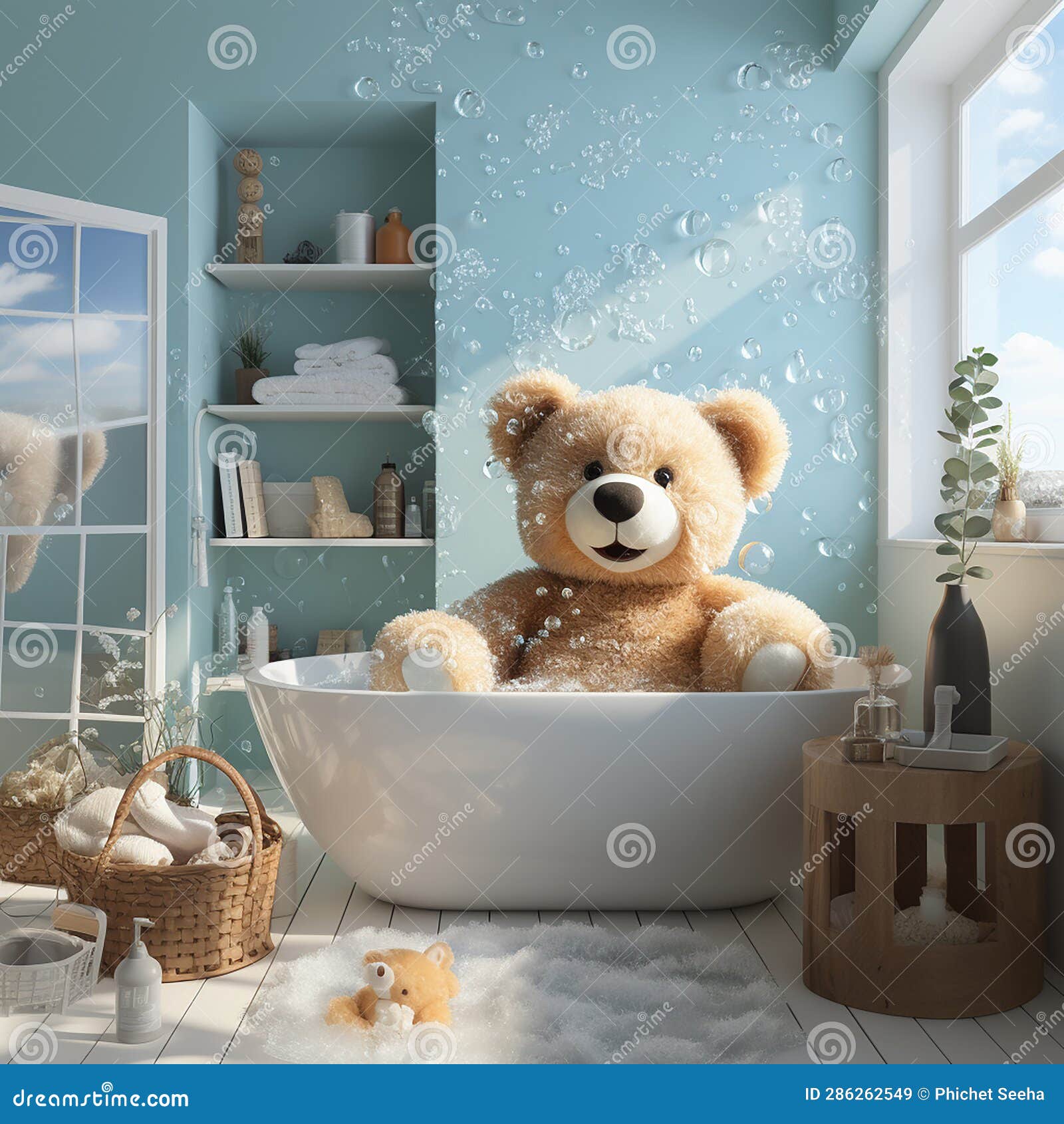 AI Generative Cute Teddy Bear in Bathtub in Bathroom. 3D Rendering
