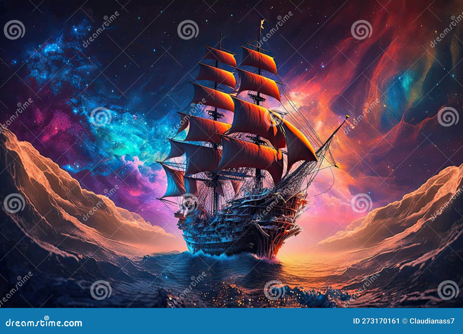 Ai Generative, Pirate Ship In Sunset Royalty-Free Cartoon ...