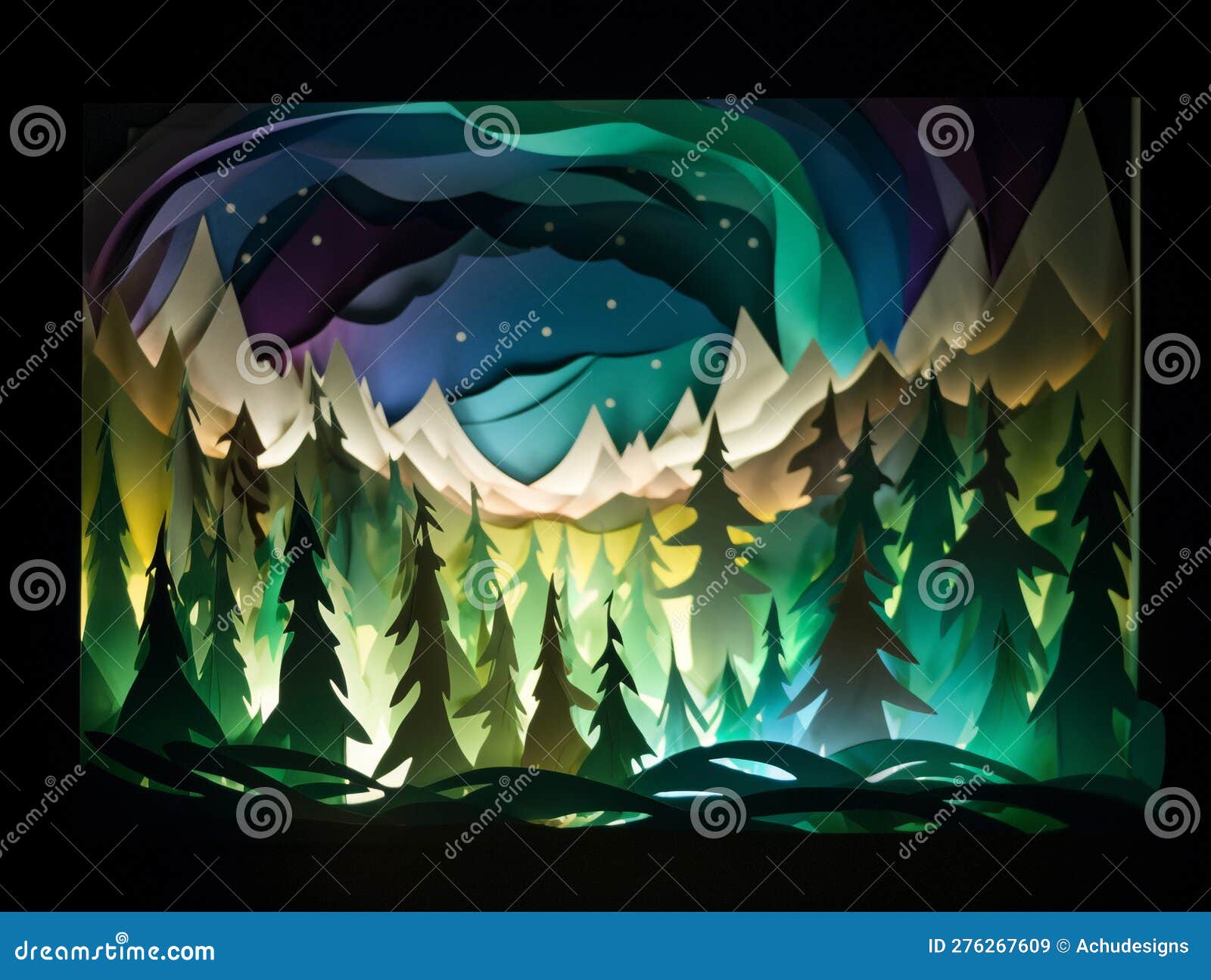An Aurora Borealis with Torn Paper Layers Stock Illustration