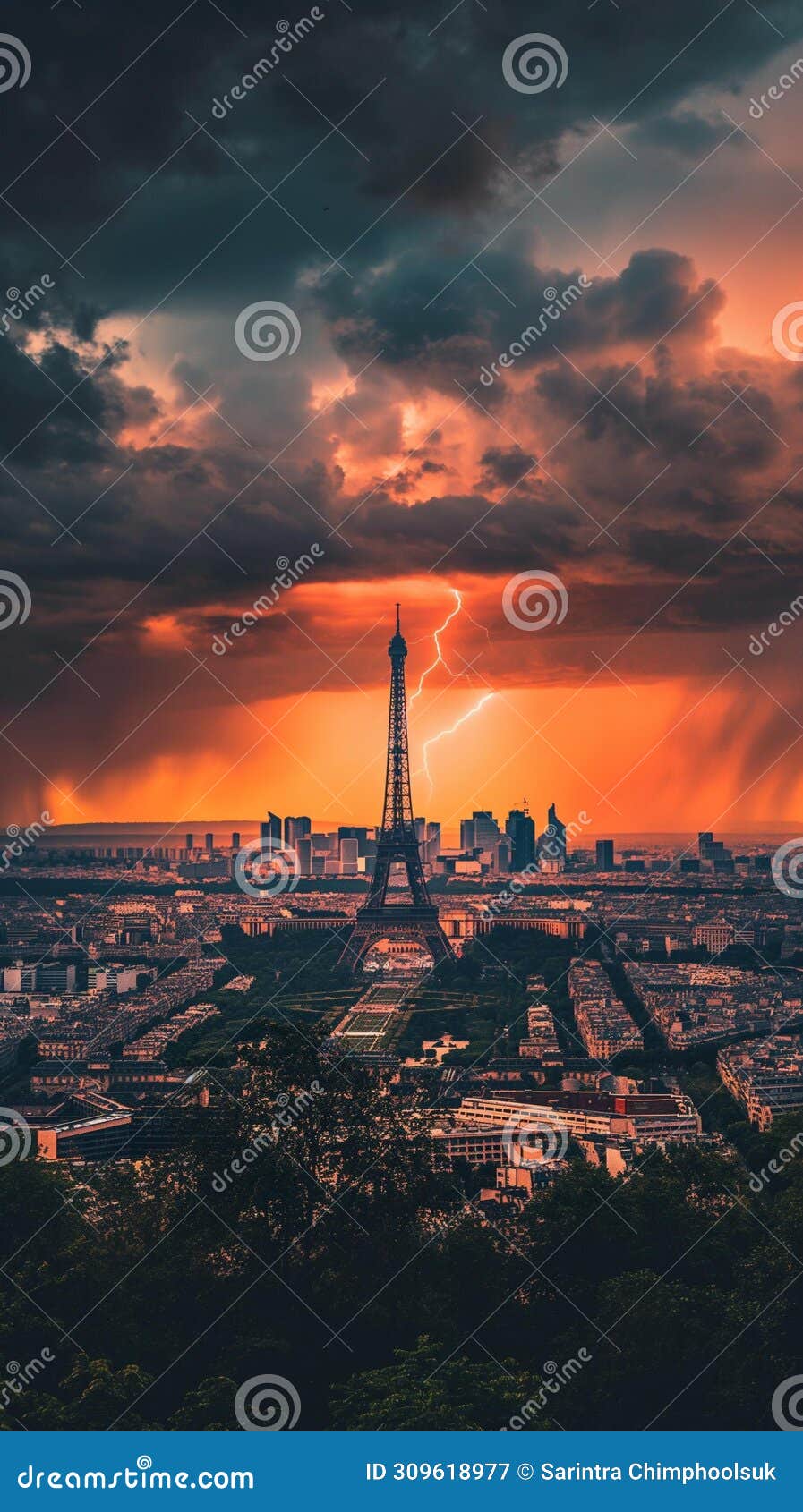 Ai generative photography eiffel tower lightning weather storm stock