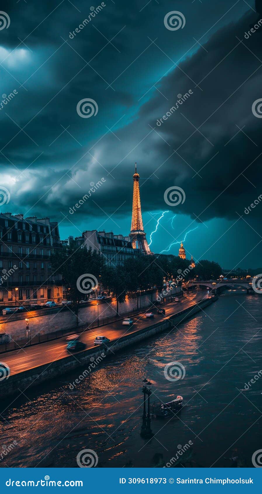 Ai generative photography eiffel tower lightning weather storm stock