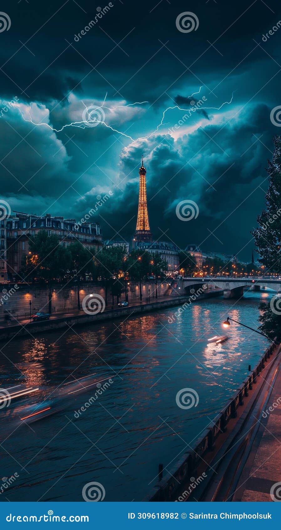 Ai generative photography eiffel tower lightning weather storm stock