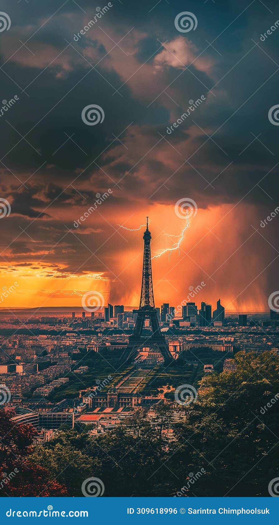 Ai generative photography eiffel tower lightning weather storm stock