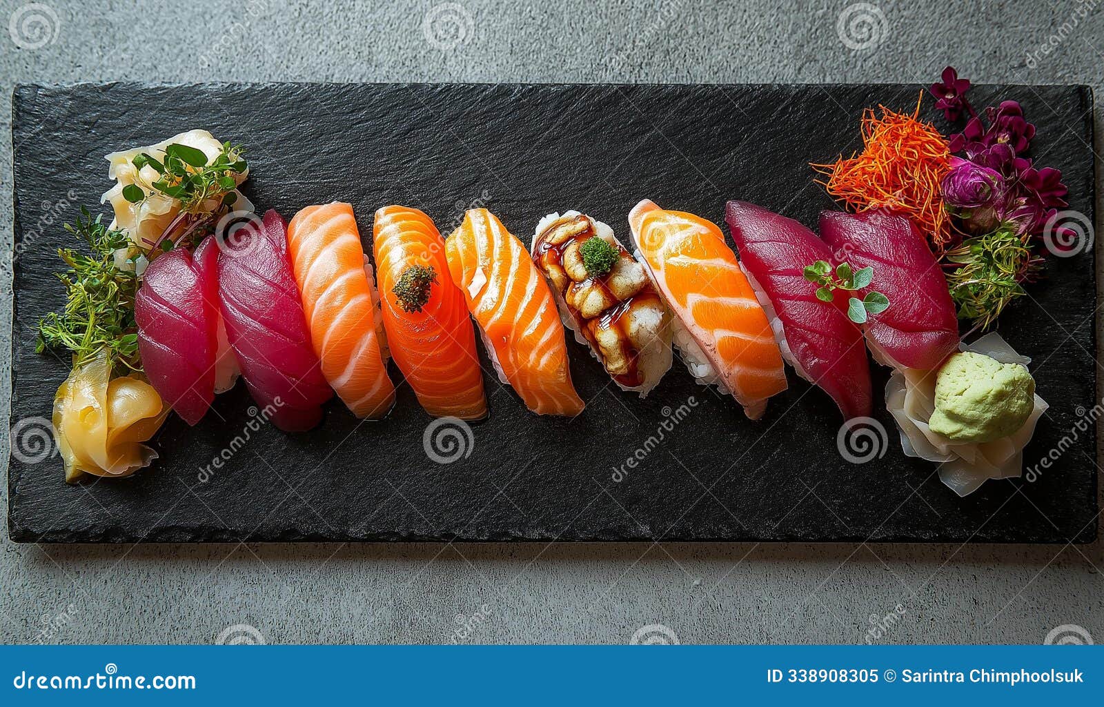 ai generator image of arranged sushi platter with an assortment of nigiri and sashimi