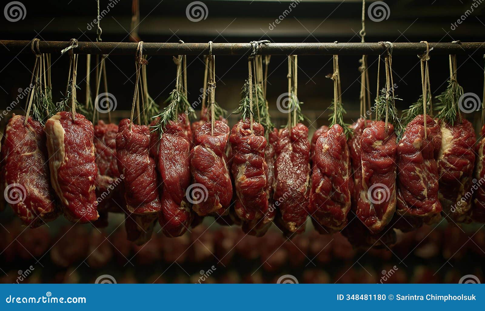 ai generator image of many raw red meat hanging in a shop rack