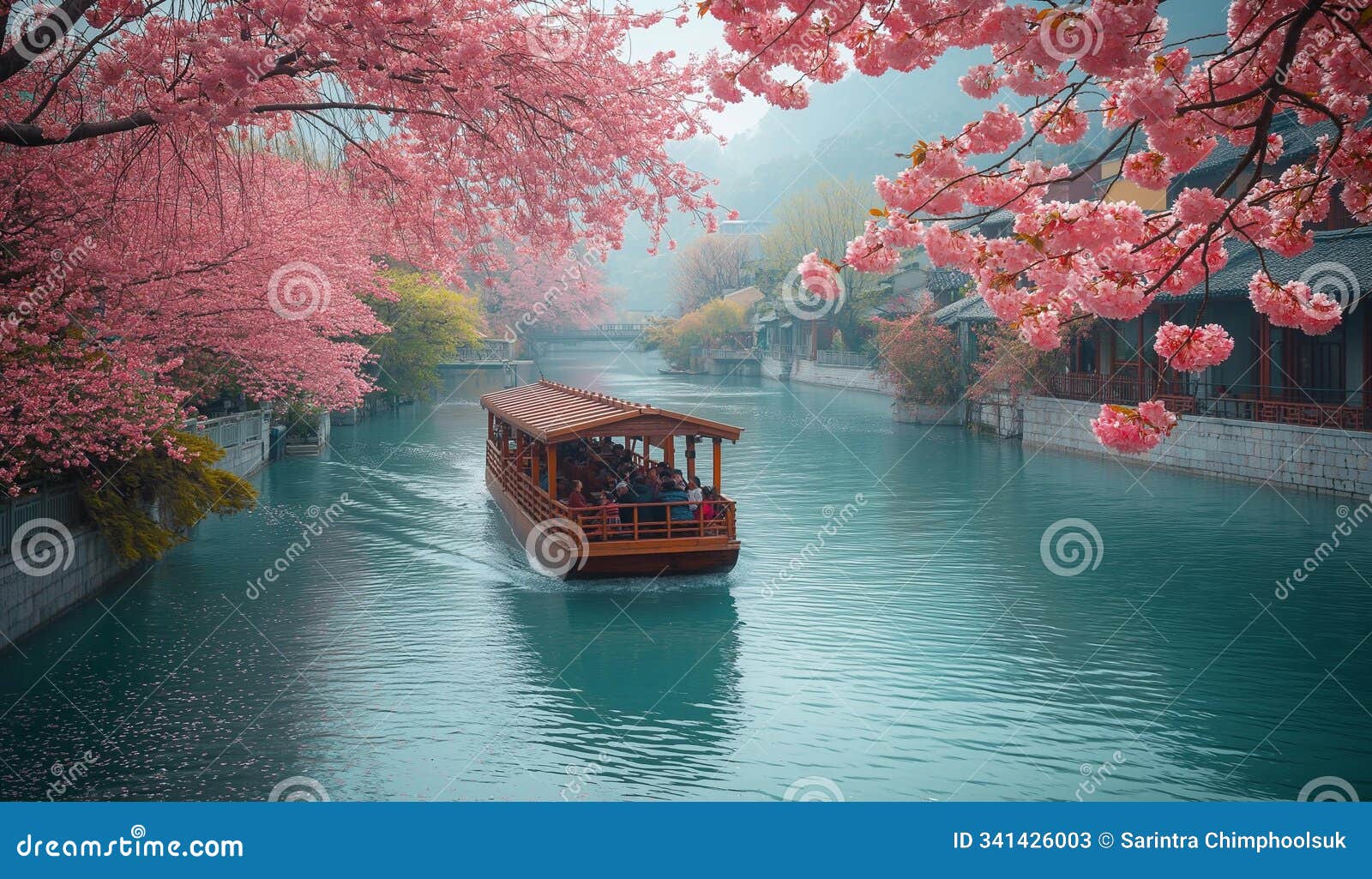 ai generator image of wooden boat carrying tourists floats on the river