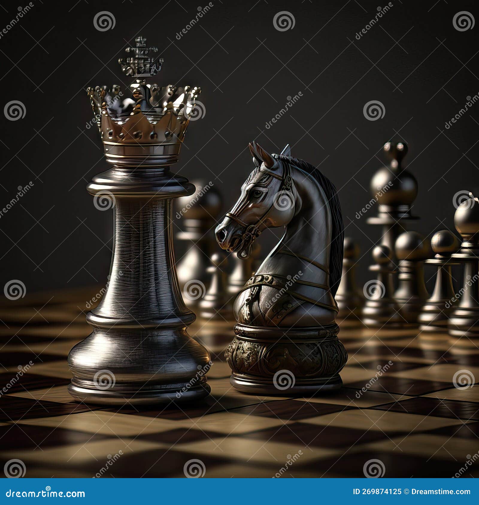 Um tabuleiro de xadrez com a peça de xadrez da rainha ai