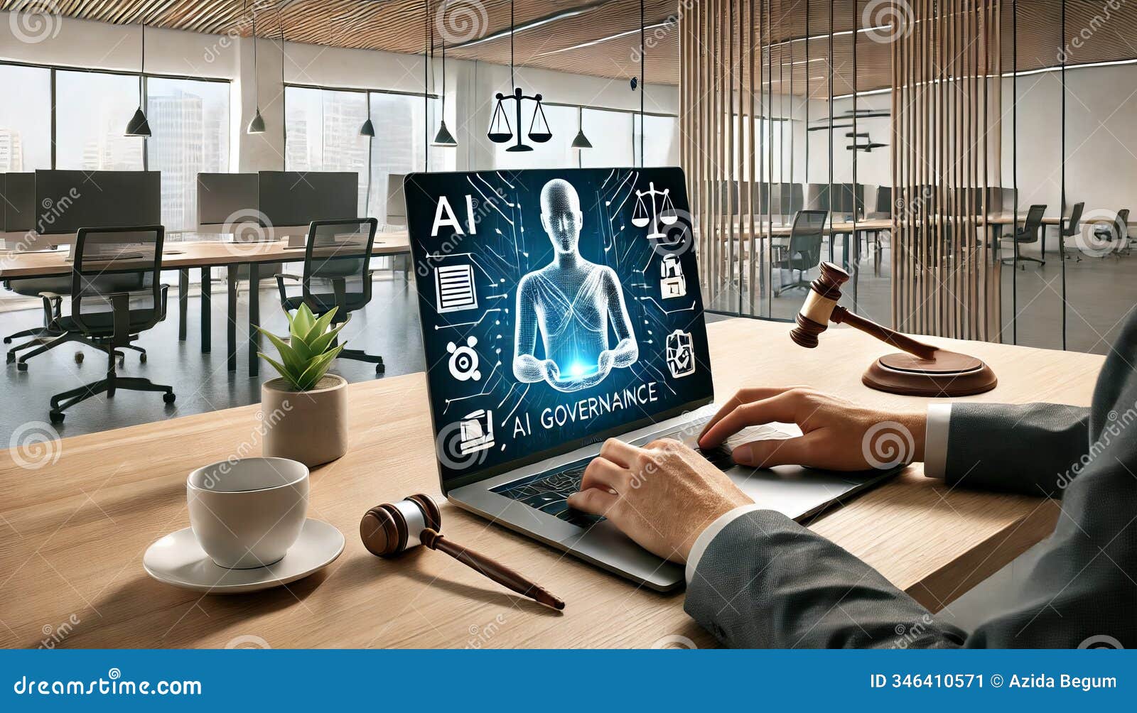 ai governance concept with legal icons on laptop in modern office setting