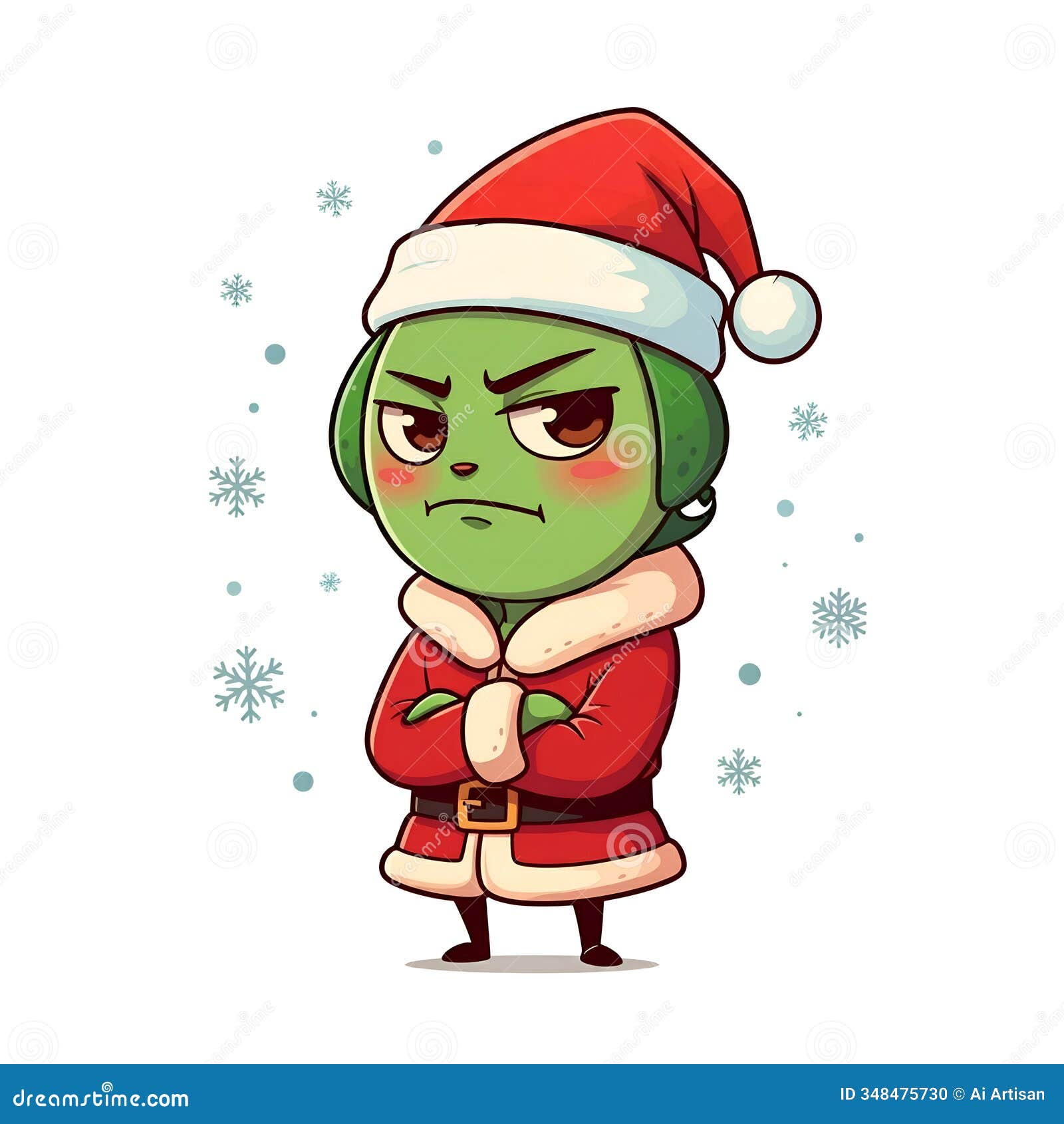 ai grumpy green creature in santa suit with snowflakes