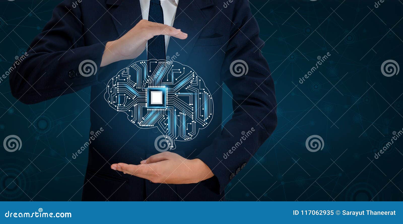 ai hand business people press the phone. brain graphic binary blue technology