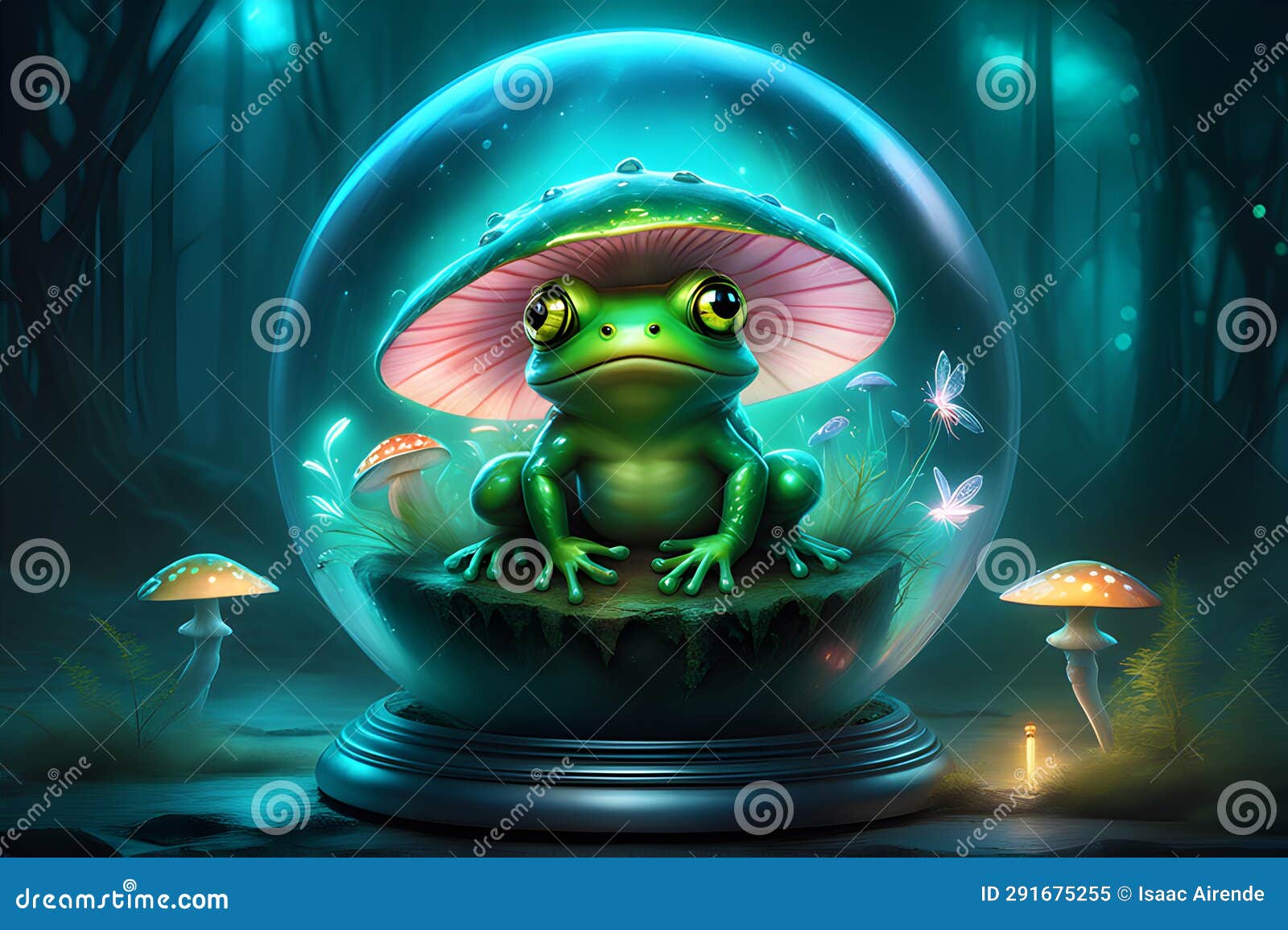 ai-generated iconic glowing frog accompanied by a flutter of luminous dragonflies.