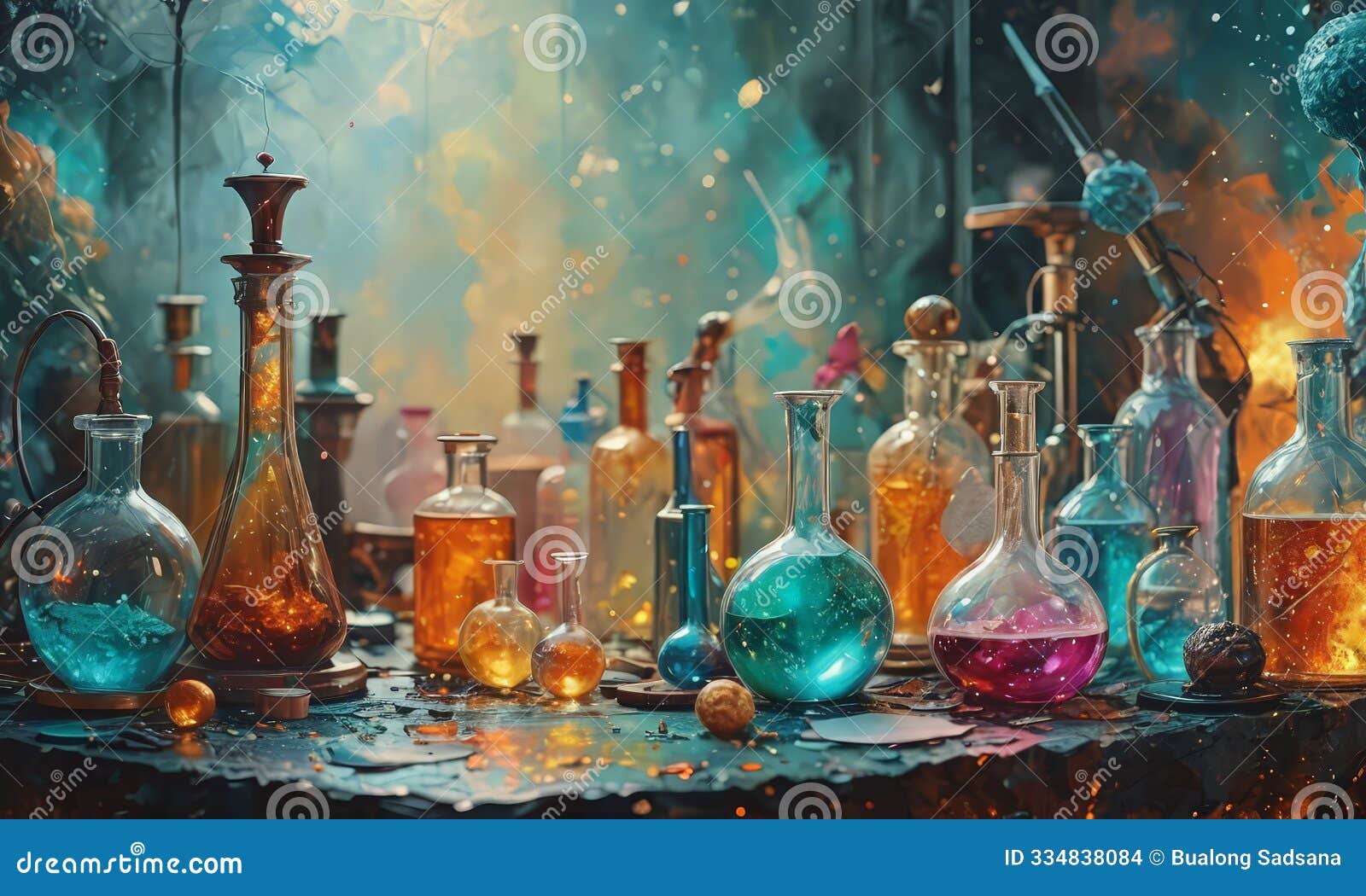 science lab with colorful glasswares and liquid