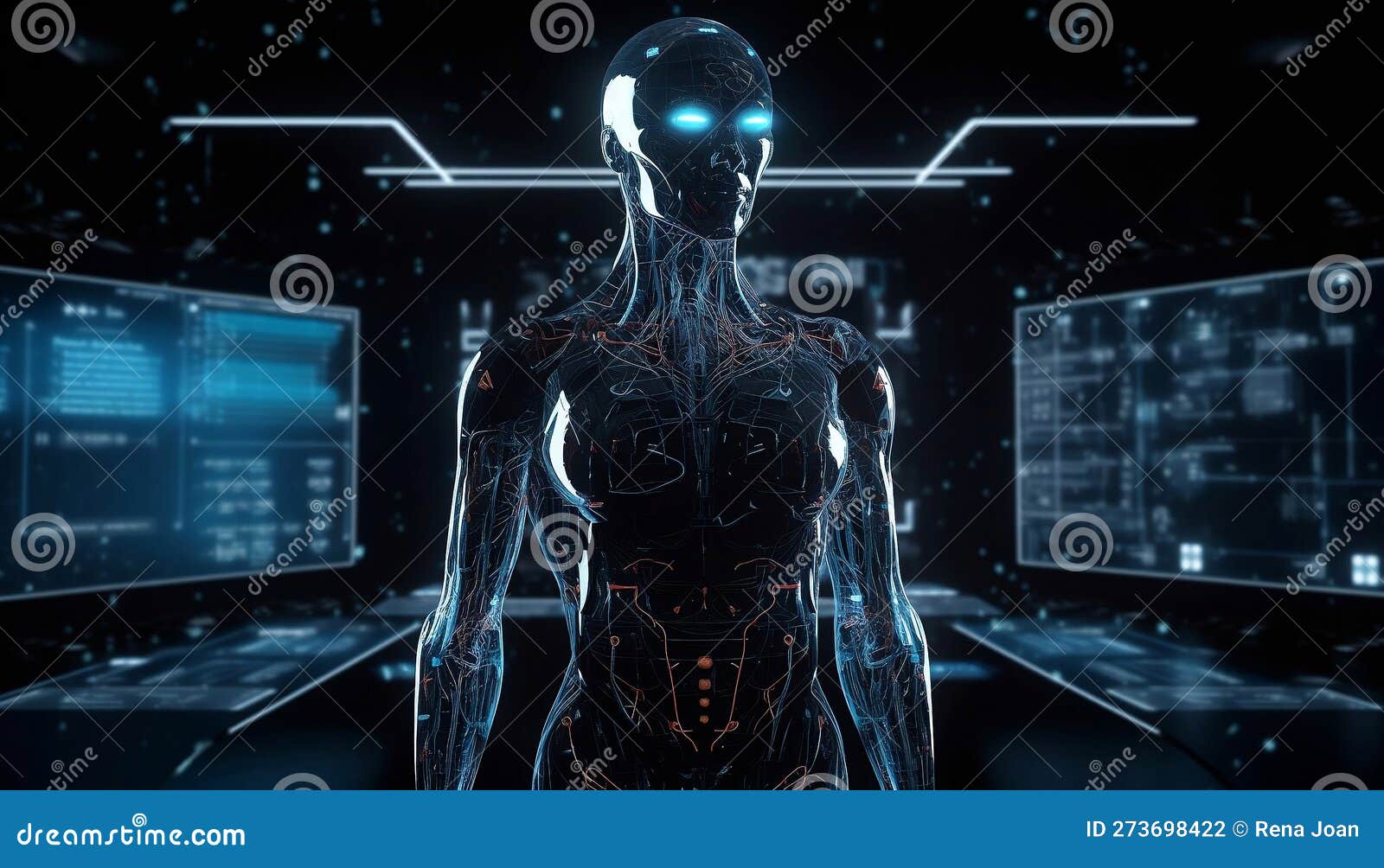 an ai human robot standing in front of a massive data. ai generative