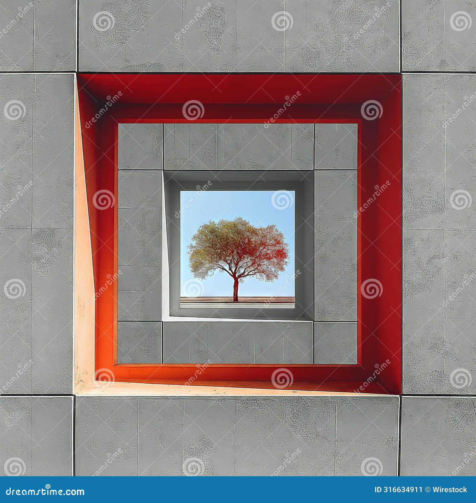 ai-generated image: "single tree in red frame through concrete layers."
