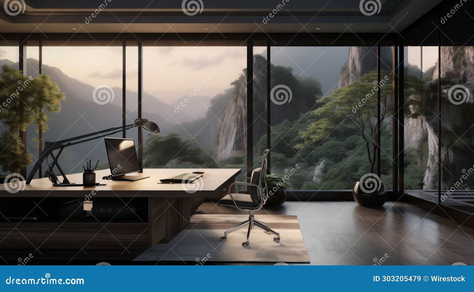 an ai  of the dark room is lit by a desk and a computer