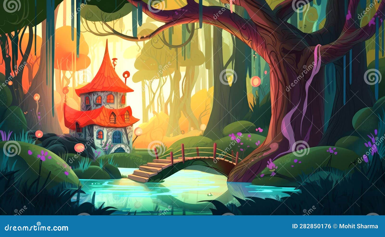 ai-image generative cartoon fairy tale castle with a vibrant background close to a little bridge