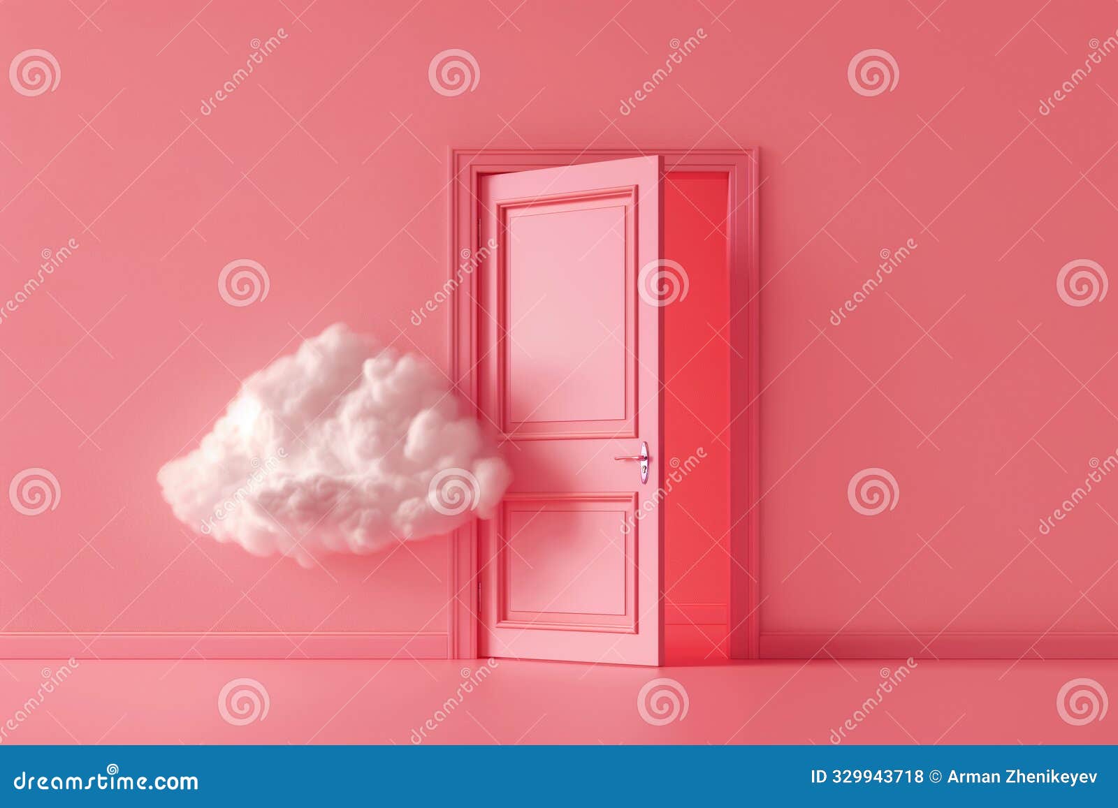 surreal journey through an open doorway revealing a dreamlike cloud against vibrant wall