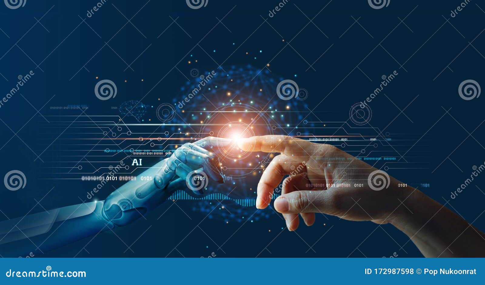 ai, machine learning, hands of robot and human touching on big data network connection background, science and artificial