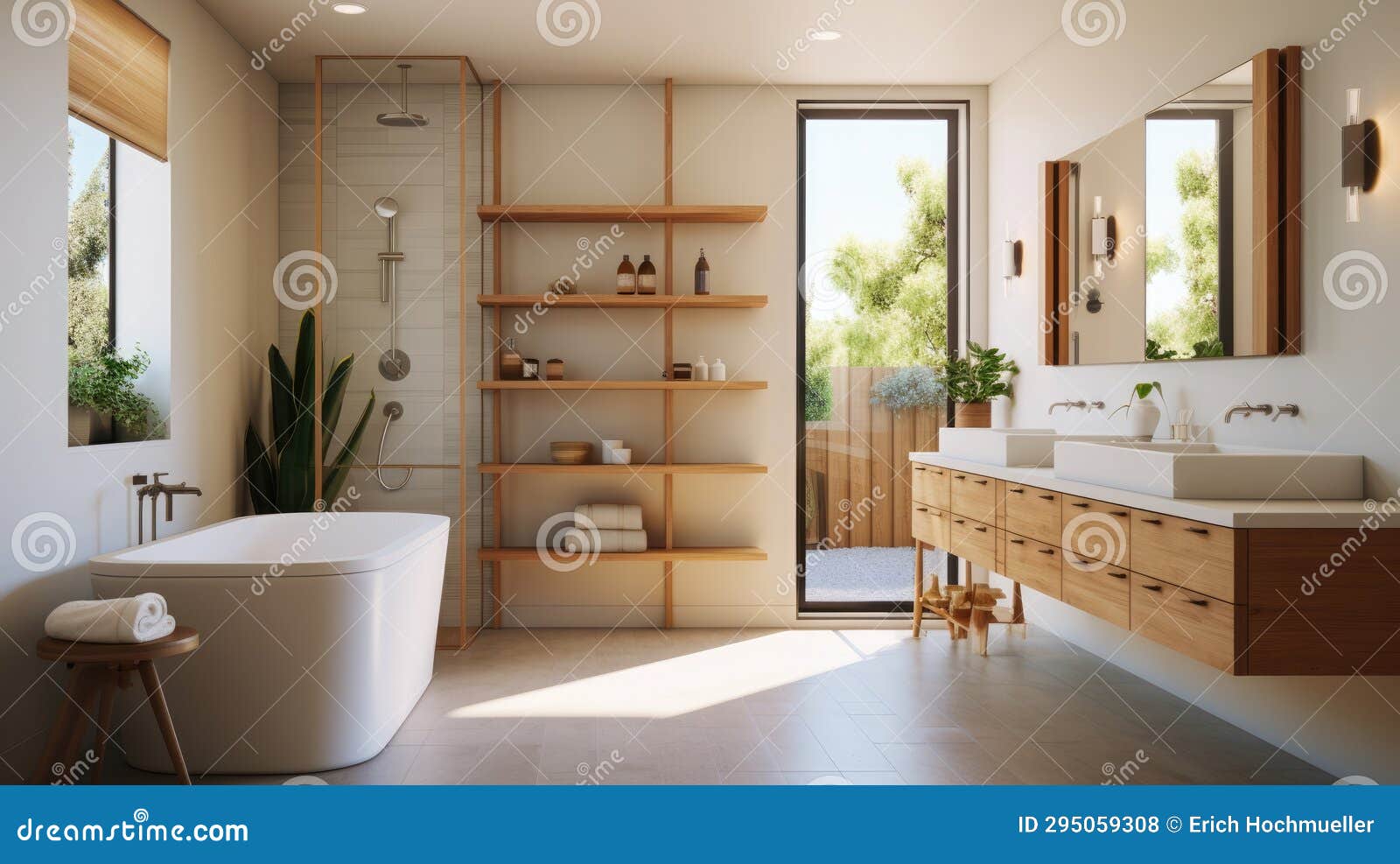 mid-century modern home interior bathroom, clean lines, organic, functionality,style blends retro modern s