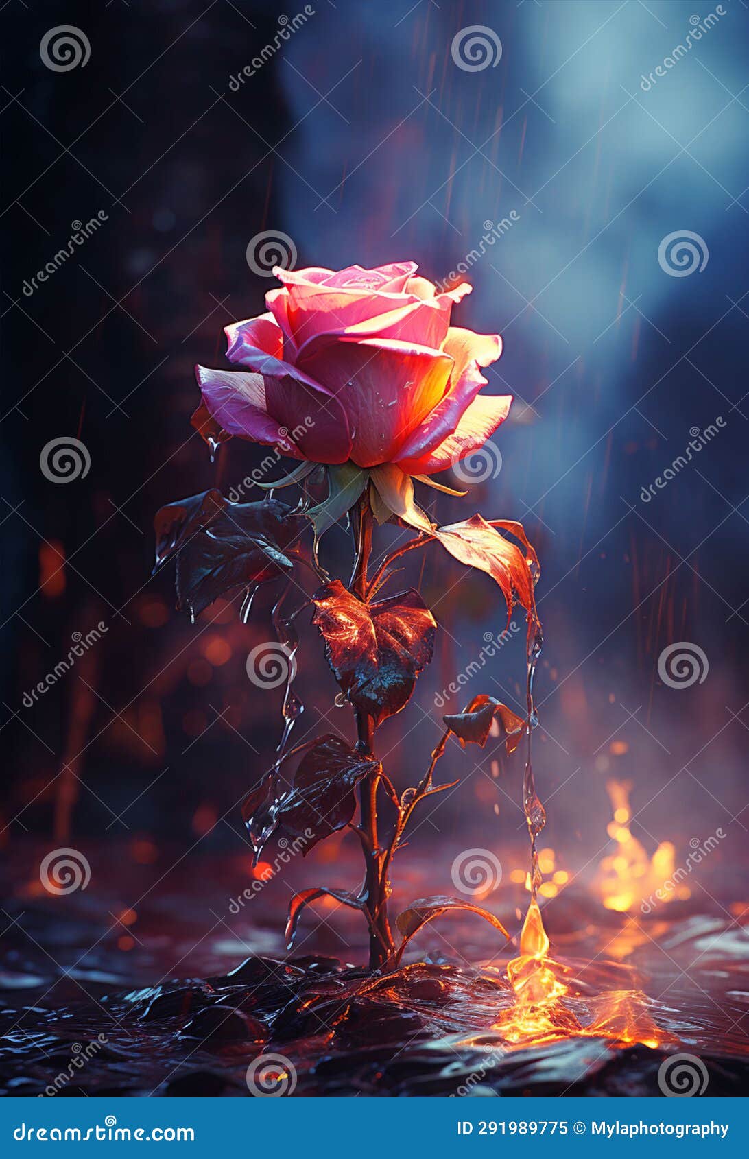 AI Photograph of a Red Rose Under the Rain Stock Illustration
