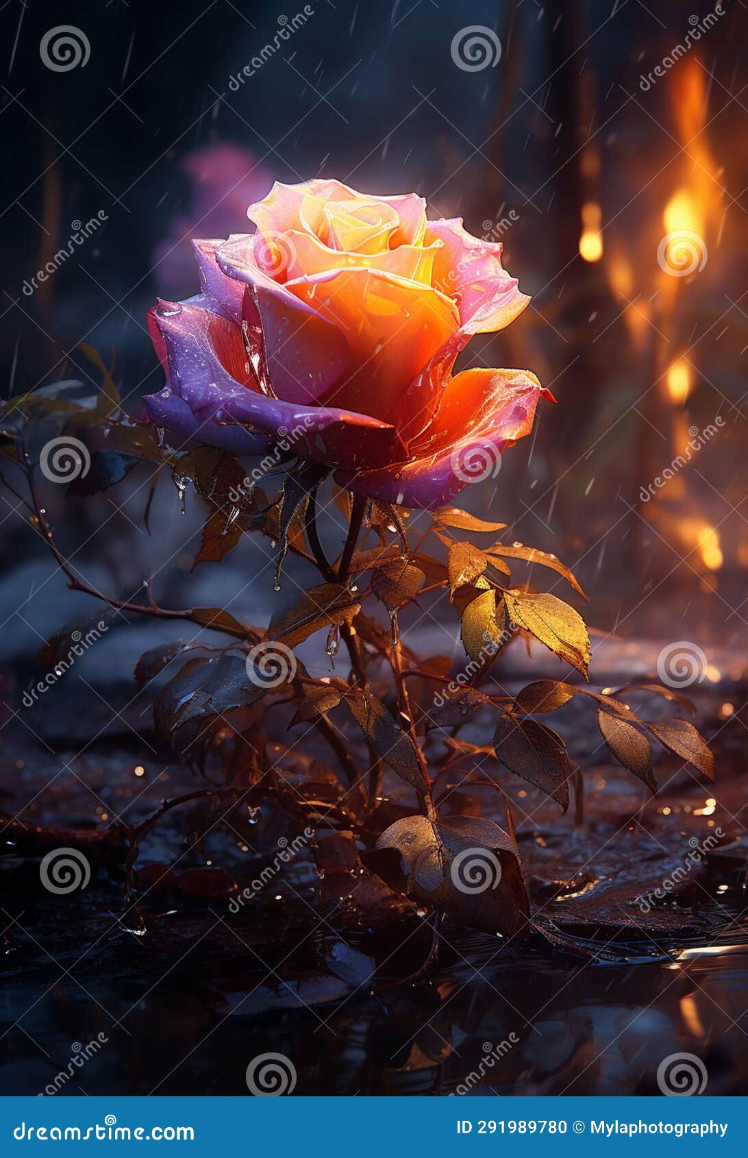 AI Photograph of a Red Rose Under the Rain Stock Illustration