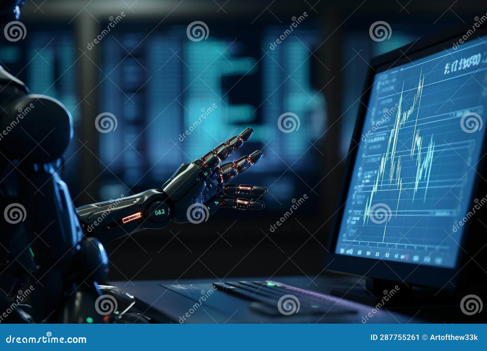 ai-powered robots analyzing dynamic stock market charts on marble table