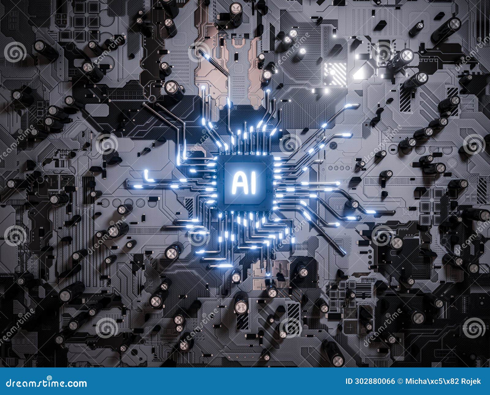 ai processor on the mainboard of an electronic component. concept of devices utilizing artificial intelligence module. 3d render