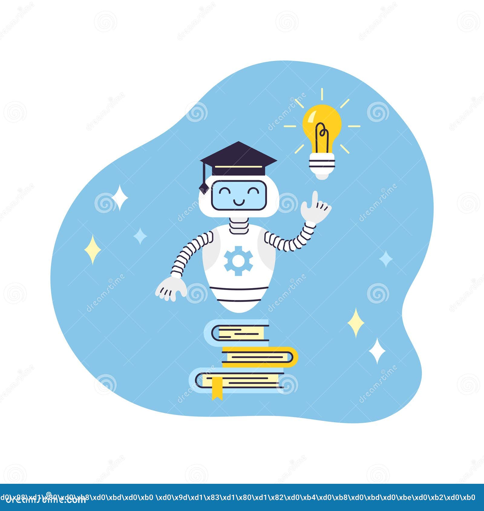 ai robot assistant points at light bulb. there is stack of books nearby. artificial intelligence virtual assistant